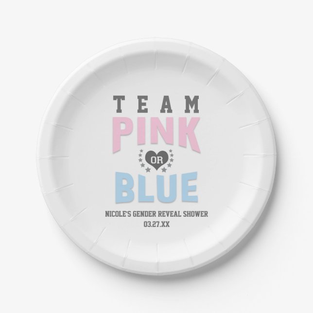 Team PINK or BLUE Gender Reveal Baby Shower Paper Plates (Front)