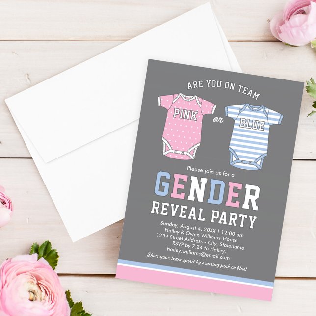 Team Pink or Blue Gray Pastel Gender Reveal Invitation (Creator Uploaded)