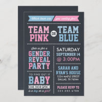 Team Pink or Team Blue Chalkboard Gender Reveal Invitation