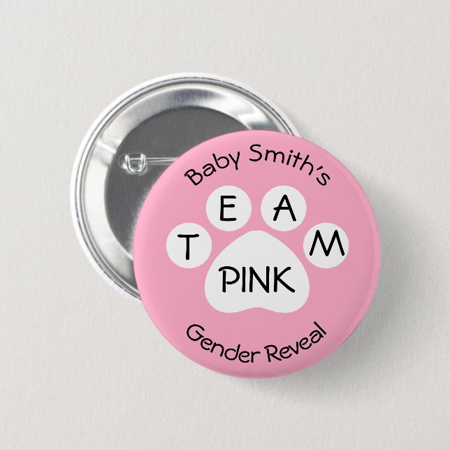 Team Pink Paw Print Gender Reveal Button (Front & Back)