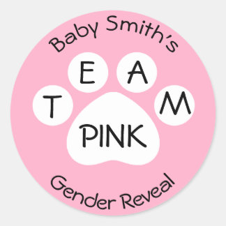 Team Pink Paw Print Gender Reveal Classic Round Sticker