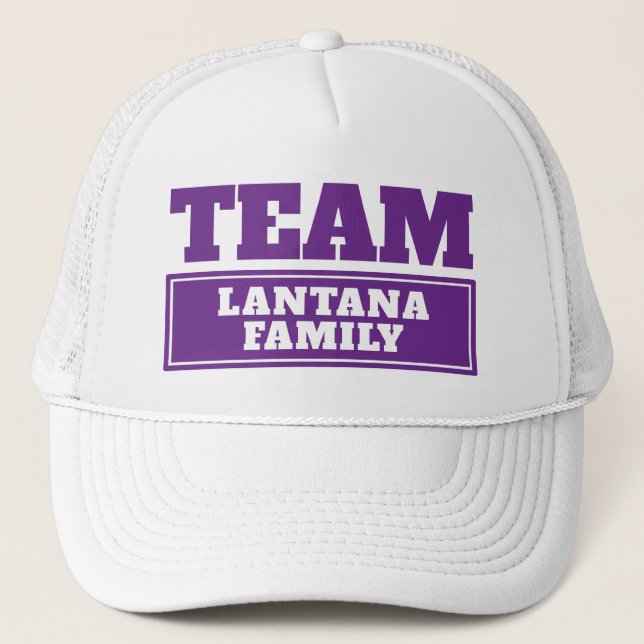 Team purple personalized team name or family name trucker hat (Front)