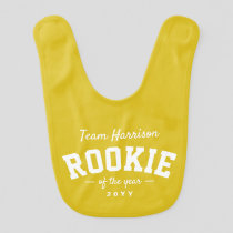 Team rookie cute family name gender neutral yellow baby bib
