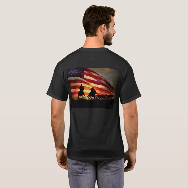 Team Ropers with American Flag Cowboy Roping T-Shirt (Back Full)
