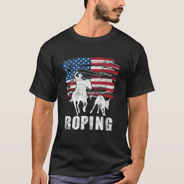 Team Roping  Roper Usa American Flag Header Heeler T-Shirt (Front)
