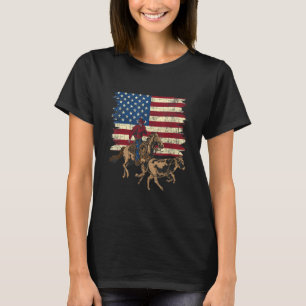 Team Roping Usa Flag Rodeo Equestrian Header Heel T-Shirt
