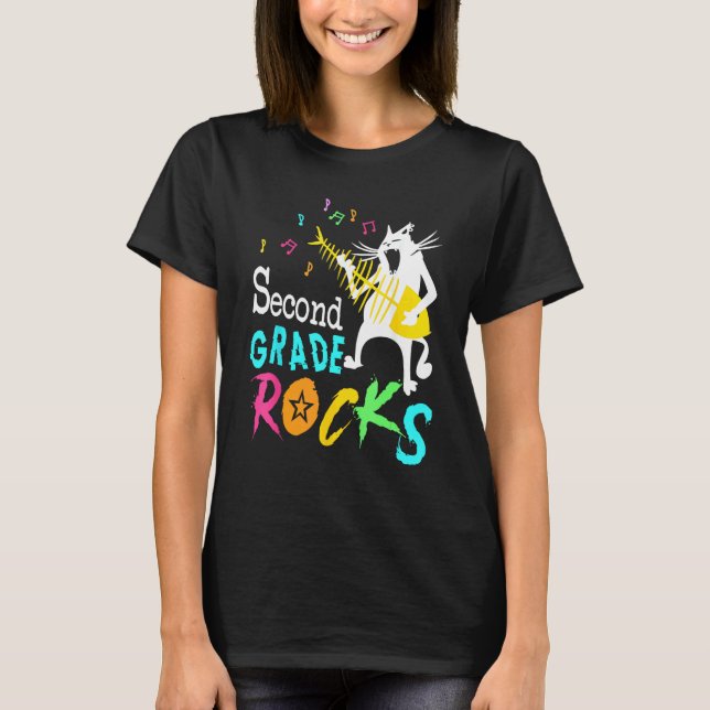 Team Second Grade Rocks 2nd Grade  Cat Playing Gui T-Shirt (Front)
