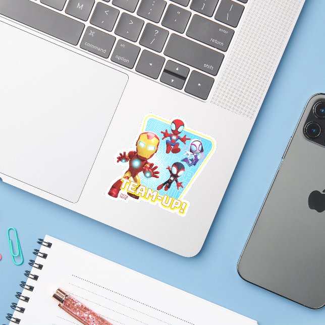 Team Spidey and Iron Man Team-Up! Sticker (Laptop w/ iPhone)