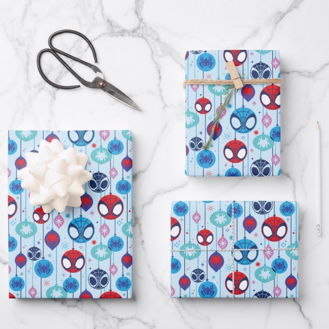 Team Spidey Holiday Bauble Pattern Wrapping Paper Sheets (Front)