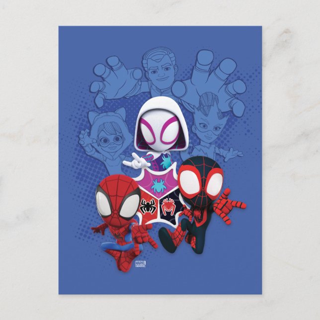 Team Spidey Leap From Black Cat, Sandman, Electro Postcard (Front)
