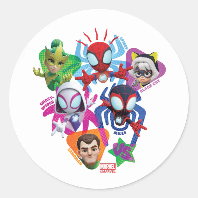 Team Spidey Vs. Electro, Sandman, & Black Cat Classic Round Sticker ...