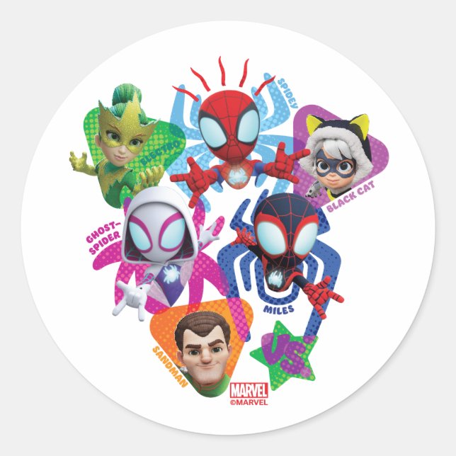 Team Spidey Vs. Electro, Sandman, & Black Cat Classic Round Sticker (Front)