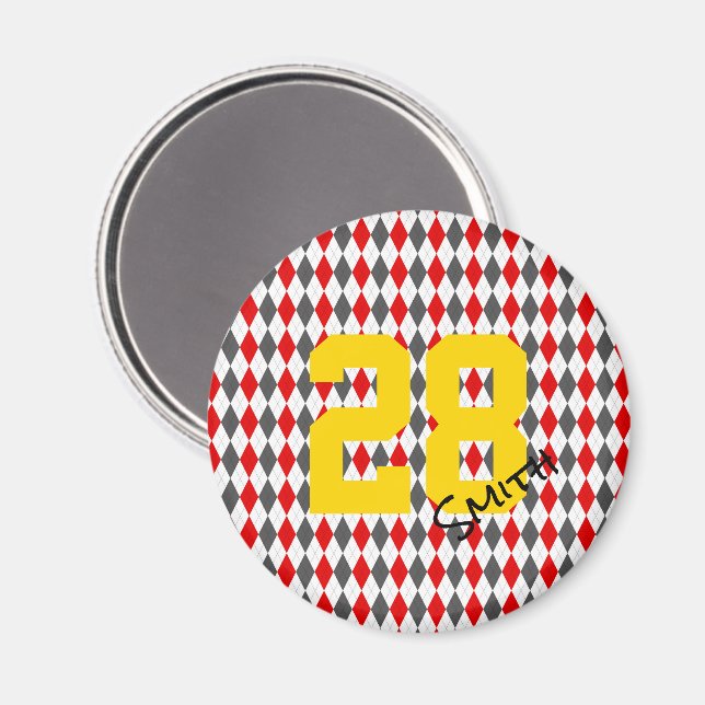 Team Spirit Argyle Red Black Player NUMBER Preppy Magnet (Front/Back)