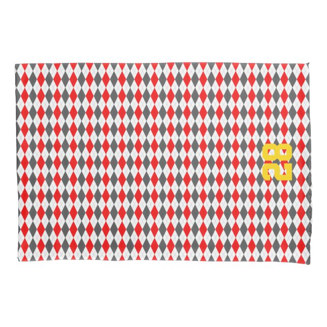 Team Spirit Argyle Red White Black Yellow Number Pillow Case (Front)