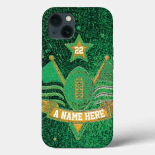 Team Sports Green & Gold Glitter College Football iPhone 13 Case
