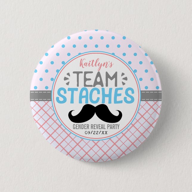 "Team Staches" Modern Gender Reveal Party Button (Front)
