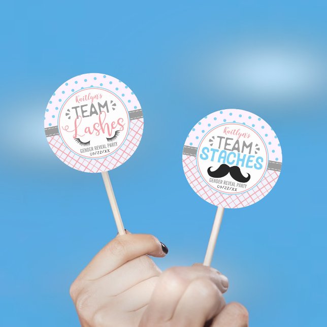 "Team Staches" Modern Gender Reveal Party Classic Round Sticker (Creator Uploaded)