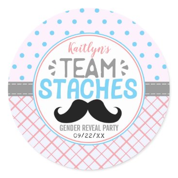 "Team Staches" Modern Gender Reveal Party Classic Round Sticker