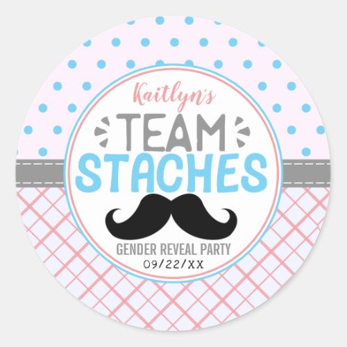 Team Staches Modern Gender Reveal Party Classic Round Sticker