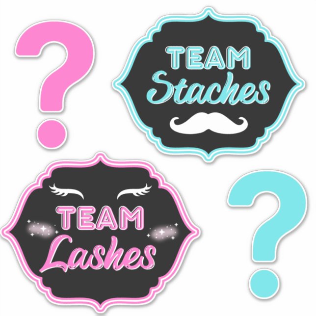 TEAM Staches or Lashes Pink|Blue Gender Reveal Sticker (Front)