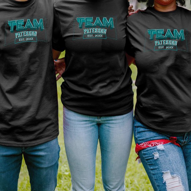 Team Teal Family Crew Custom Name Sports Black T-Shirt (Creator Uploaded)