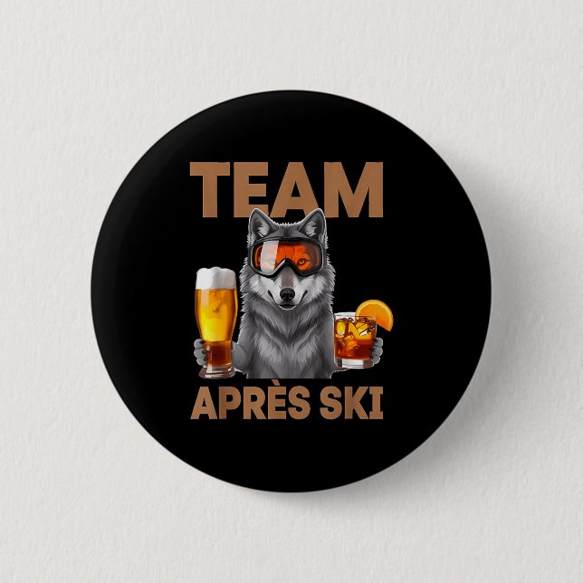 Team wolf drinking beer cocktail winter vacation button (Front)