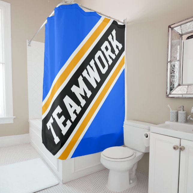 TEAMWORK Bright Blue Yellow Black Racing Stripes Shower Curtain (In Situ)