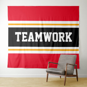 TEAMWORK Bright Red Black White Racing Stripes Tapestry