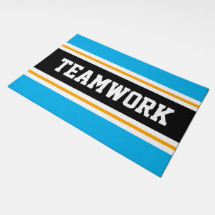 TEAMWORK Bright Sky Blue Black Orange Stripes Doormat