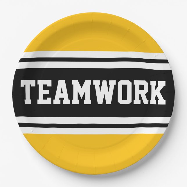 TEAMWORK Fun Bright Yellow Black Racing Stripes Paper Plates (Front)