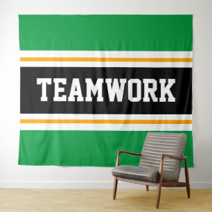 TEAMWORK Green Black White Orange Racing Stripes Tapestry