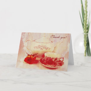 Teapot, a cup of tea and rose letterpress thank you card