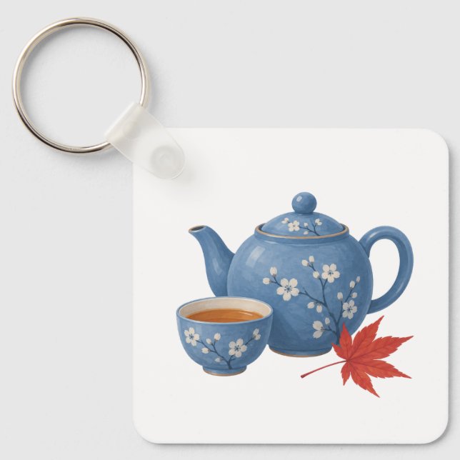 Teapot and Autumn Maple Leaf Keychain (Front)