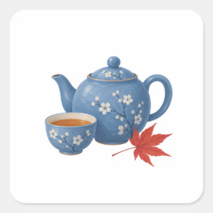 Teapot and Autumn Maple Leaf Square Sticker