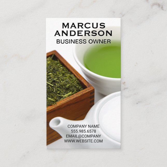Teapot and Cup | Wood Box of Tea Business Card (Front)