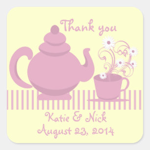 Teapot and Daisies Pink Square Sticker