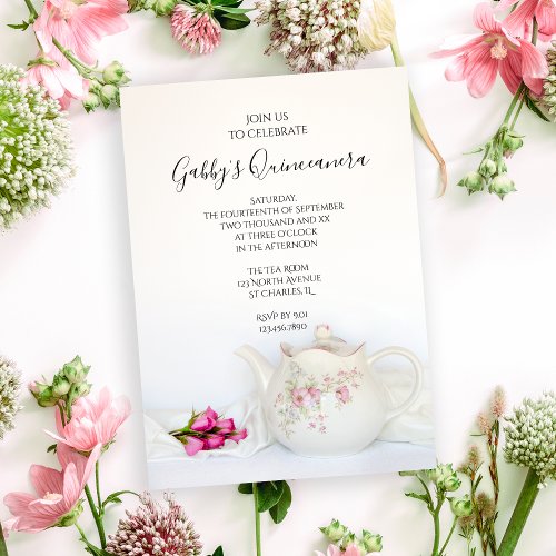 Teapot and Pink Roses Quinceanera Party Invitation