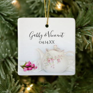 Teapot and Pink Roses Wedding Ceramic Ornament