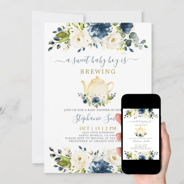 Teapot Baby Shower Boy Invitation Zazzle