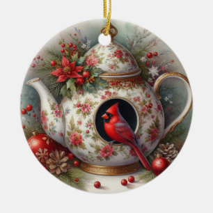 Teapot Birdhouse Cardinal 5 Ceramic Ornament