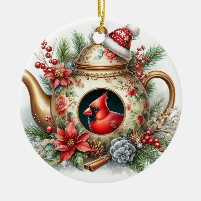 Teapot Birdhouse Cardinal 6 Ceramic Ornament (Front)