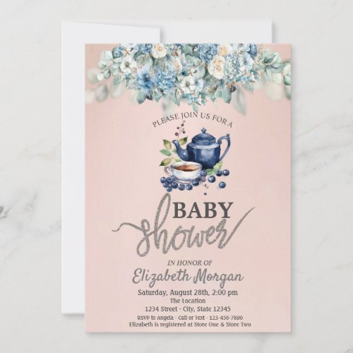 Teapot  Blueberry Floral Baby Shower Invitation