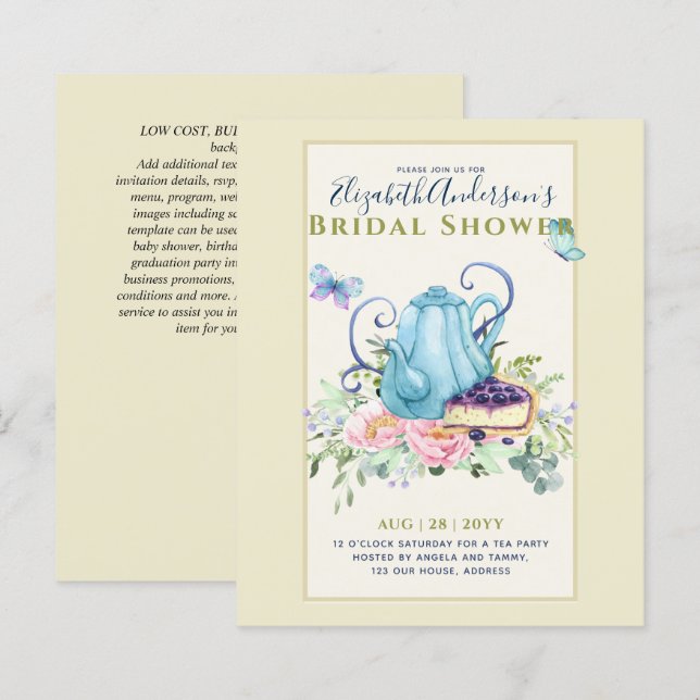 Teapot Bridal Shower Teatime Afternoon Tea Invites (Front/Back)