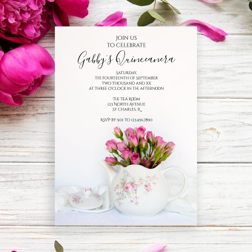 Teapot filled with Pink Roses Quinceanera Party Invitation