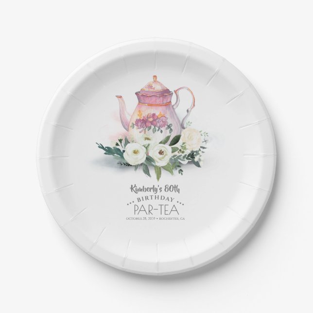 Teapot Floral Birthday Par-Tea Paper Plates (Front)
