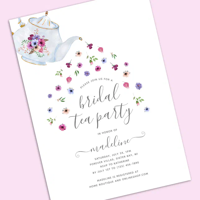 Teapot Floral Bridal Shower Tea Party Invitation | Zazzle