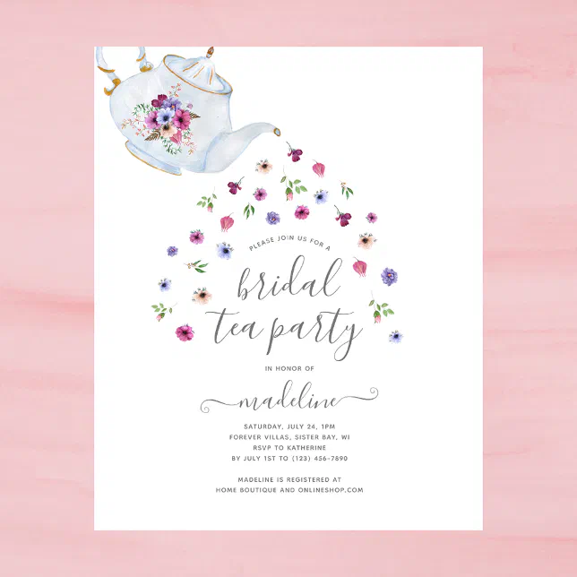 Teapot Floral Bridal Shower Tea Party Invitation Flyer Zazzle