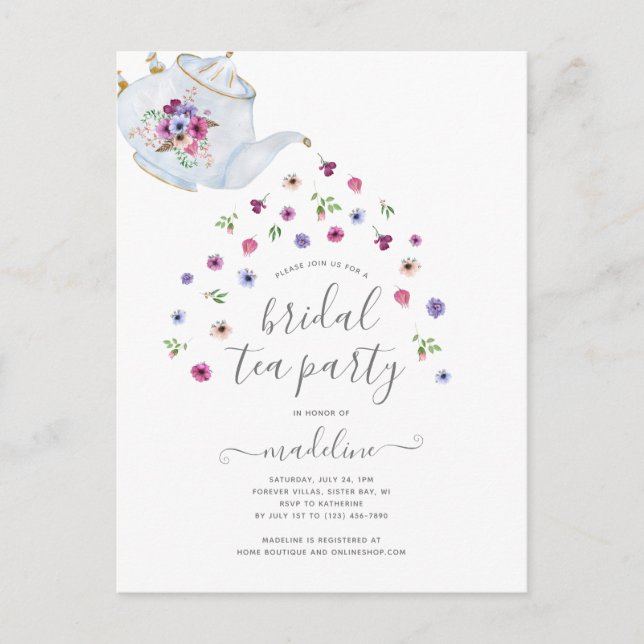 Teapot Floral Bridal Shower Tea Party Invitation Postcard (Front)