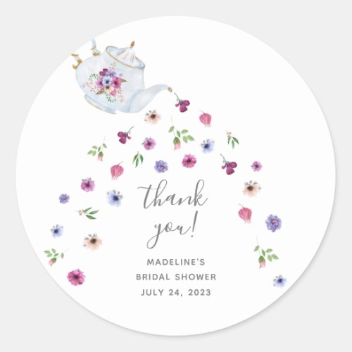 Teapot Floral Bridal Shower Tea Party Thank You Classic Round Sticker