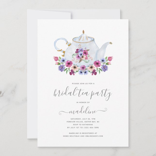 Teapot Floral Tea Party Bridal Shower Invitation (Front)